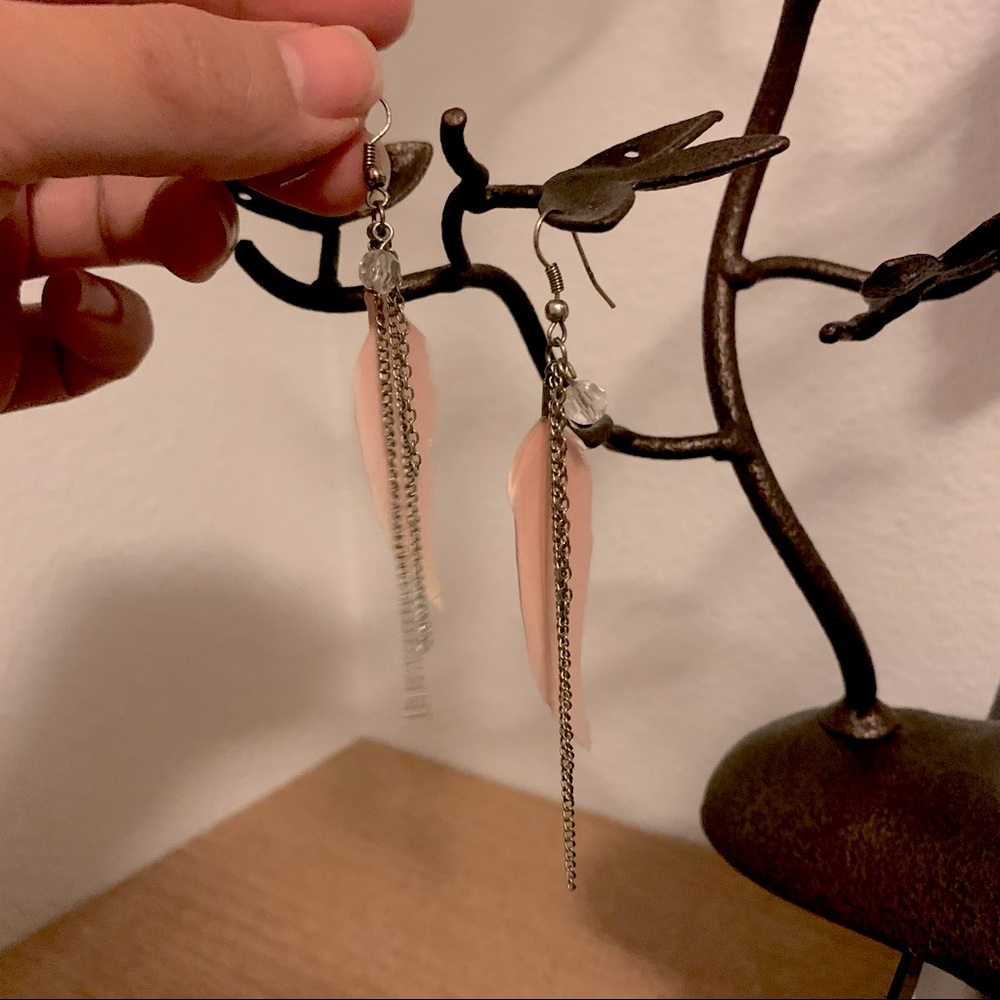 Pink feather and chain earrings